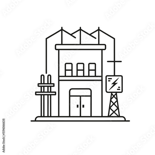 A line art illustration of an electrical substation building connected to power lines and a transformer tower, isolated on a white background.