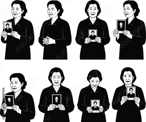 Illustration of woman holding photo frame with black and white mourning theme art