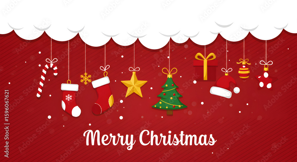 Naklejka premium Merry Christmas! Celebrate the holidays with this festive illustration featuring hanging ornaments, candy canes, and stockings against a cheerful red background.