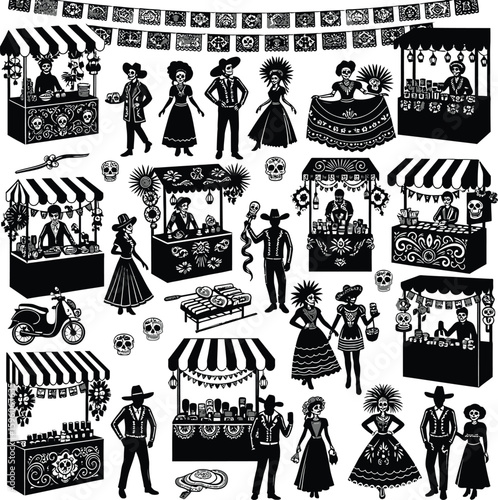 Day of the dead festival vector illustration with market stalls and sugar skulls
