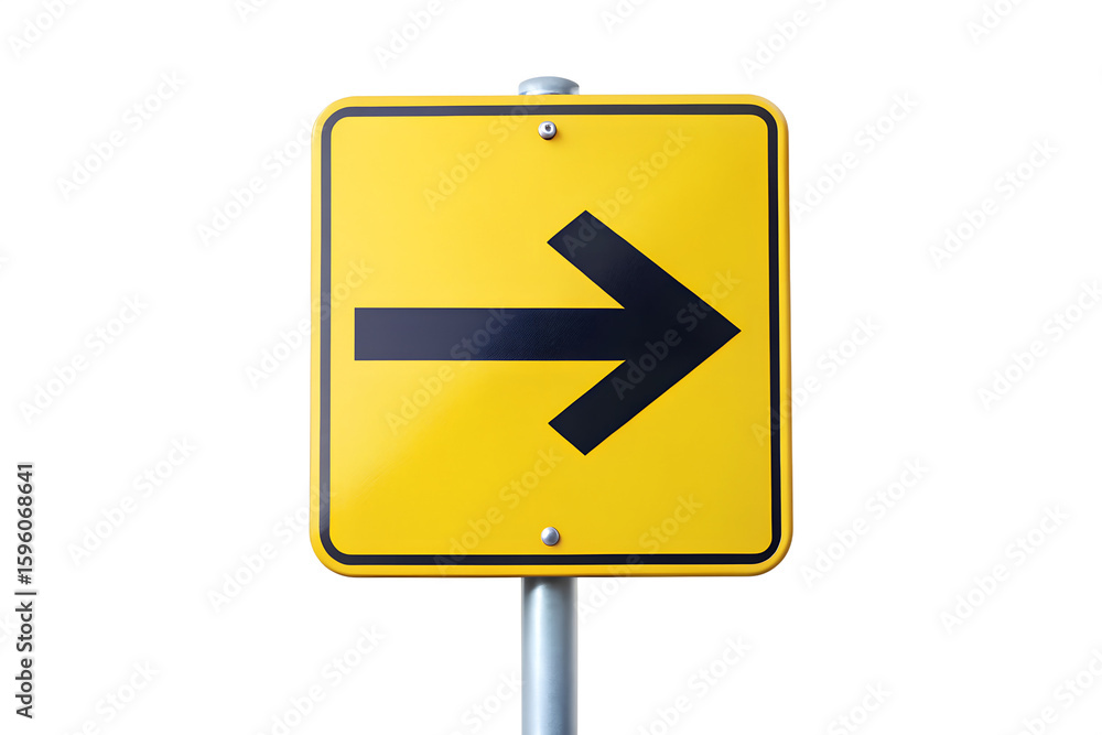A yellow traffic sign with a black arrow indicating the direction to the right, isolated on white isolated on transparent background A yellow traffic sign with a black arrow indicating the direction to the right, isolated on white isolated on transparent background