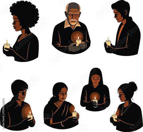 Diverse people holding candles vector illustration for remembrance and hope concept