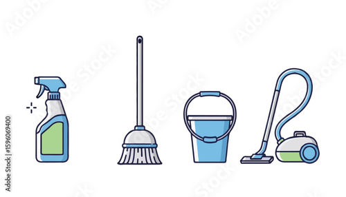 Cleaning tools vector art Spray, broom, bucket, and vacuum cleaner for home hygiene and sanitation in household cleaning.