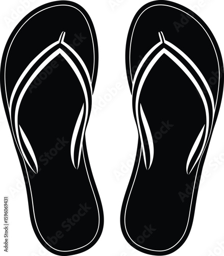 Vector art of a pair of black flipflops with white trim isolated on a white background