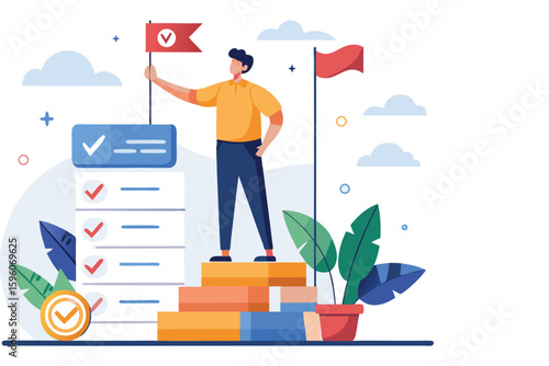 Successful person standing on steps holding a flag signifying achievement and completed tasks on a checklist