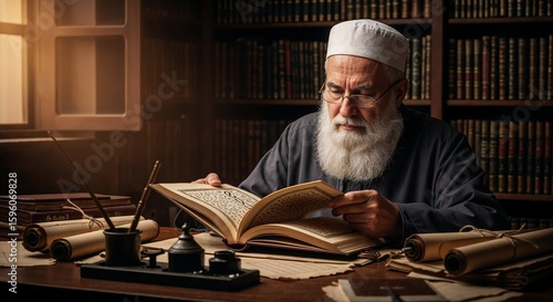 An elderly man reading a book in a library with scrolls and inkwells