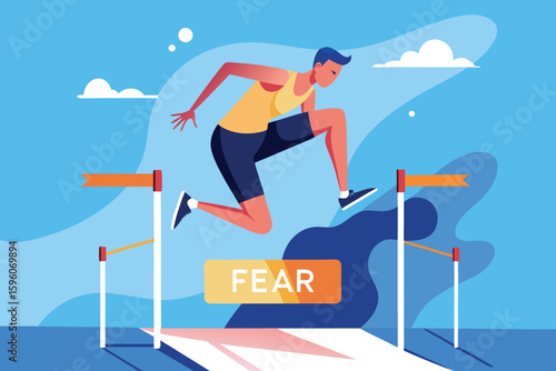 Athlete courageously leaps over the hurdle labeled fear symbolizing overcoming challenges and achieving personal growth