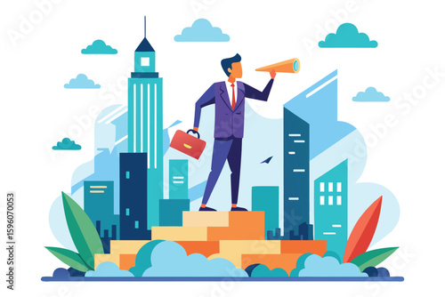 Businessman with a spyglass gazes into the future from a cityscape vantage point symbolizing ambition and opportunity