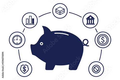 Silhouette of Piggy Bank with Coins – Financial Savings and Budgeting Icons Set