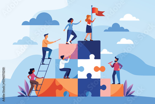 Diverse team collaborates to build a puzzle tower reaching for success and a flag at the summit