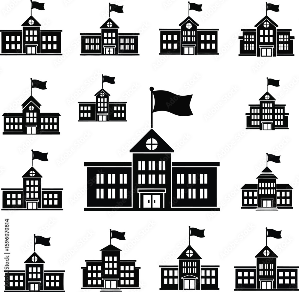 Fototapeta premium School building vector illustration set of education architecture with flag design
