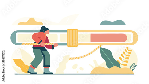 A woman pulling a rope attached to a progress bar with leaves and cloud shapes in the background