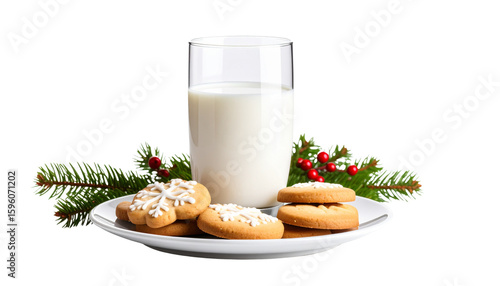 Glass of milk and biscuits in plate isolated on transparent background. Png