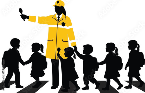 School crossing guard helping children cross street safety education illustration