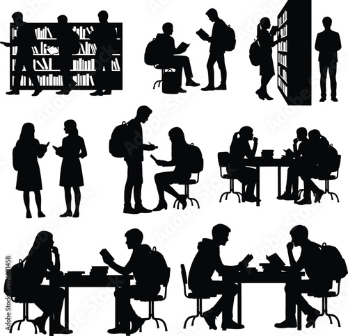 Stock vector silhouette of students studying in library reading books and learning