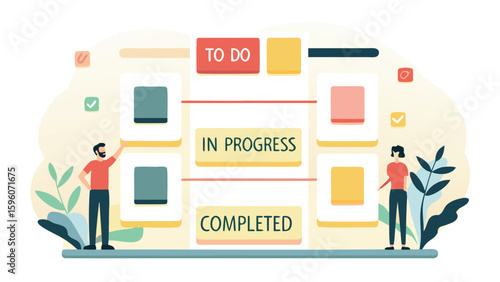 People managing tasks on a board with to do in progress and completed sections in a light and airy style
