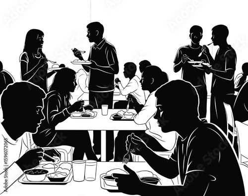 Illustration of college students eating lunch together in the dining hall black and white