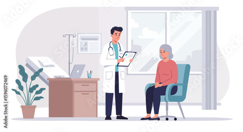 Doctor consulting an elderly woman in a medical office