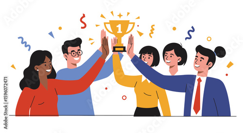 Diverse group celebrating with trophy confetti