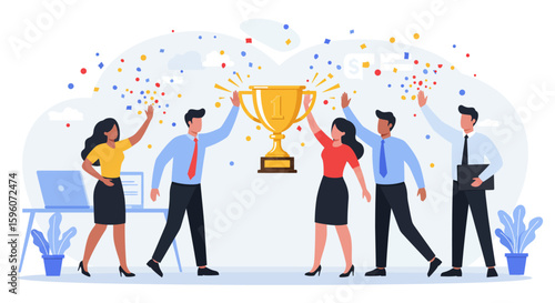 Diverse team celebrates a golden trophy with confetti office backdrop
