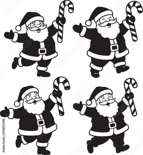 Four dancing santa claus figures with candy canes silhouette