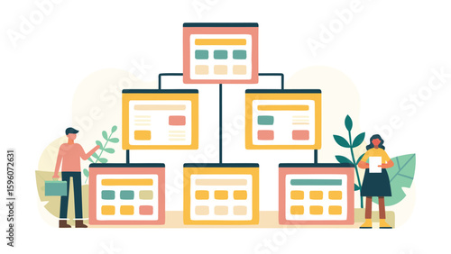 Illustration of a hierarchical structure with people and screens showing data organization flow