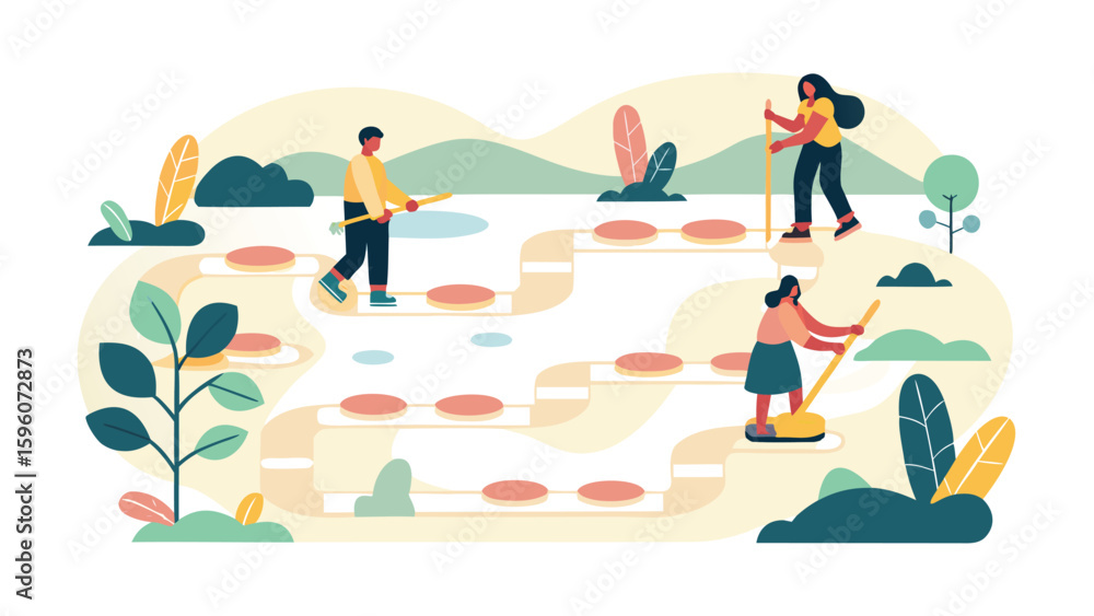 Obraz premium People navigating a stepping stone path with sticks in a whimsical landscape illustration style