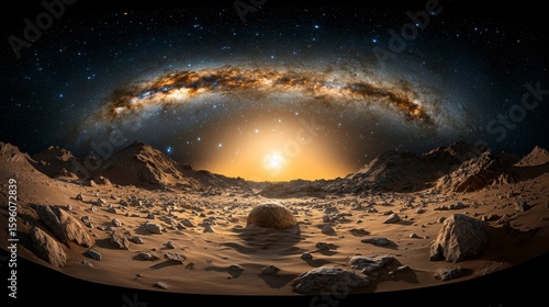 Alien Planet Sunrise with Milky Way Galaxy