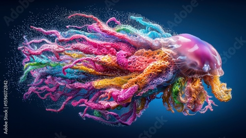Abstract Rainbow Jellyfish Digital Art Vibrant Marine Life in Dark Blue