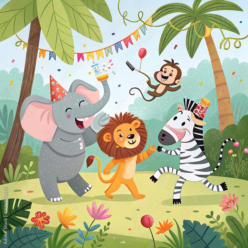 Fototapeta premium “Cartoon jungle animals party – elephant, lion, monkey, zebra – bright flat vector”
