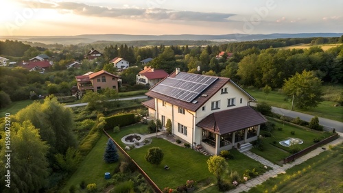 Aerial view of house with solar panels installed on roof, eco-friendly neighborhood