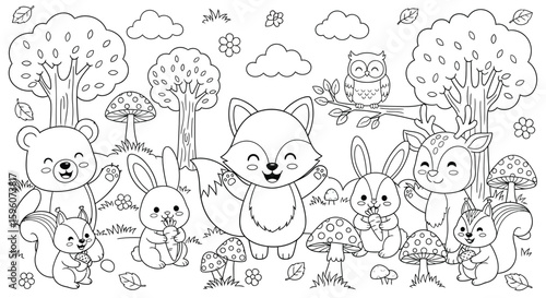 Adorable woodland creatures gather amidst trees, mushrooms, and flowers in a charming black and white illustration coloring book illustration