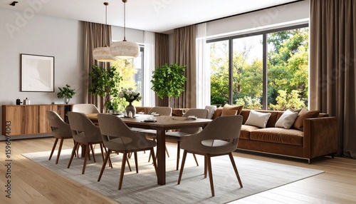 Modern Dining Room Design with Natural Light and Brown Accents