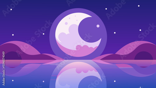 Fantasy Style Romantic Moon Scene with Dreamy Reflections
