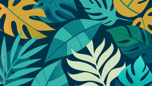 Pattern of Overlapping Tropical Leaves Flat Lay