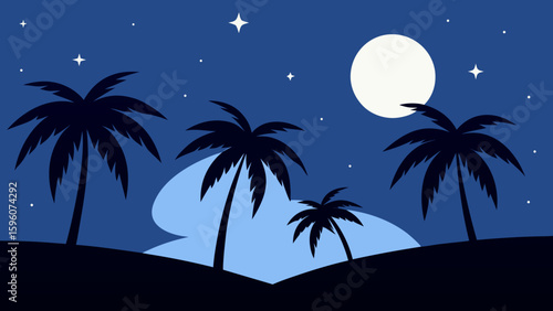 Silhouetted Palm Trees Under Moon and Starry Sky