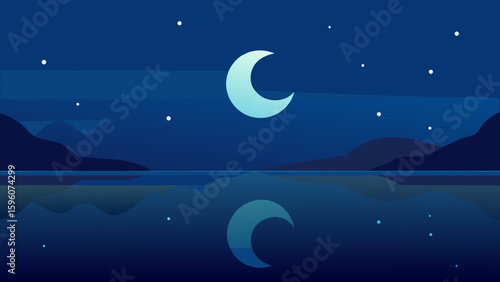 Serene Night with Crescent Moon Reflecting in Still Water