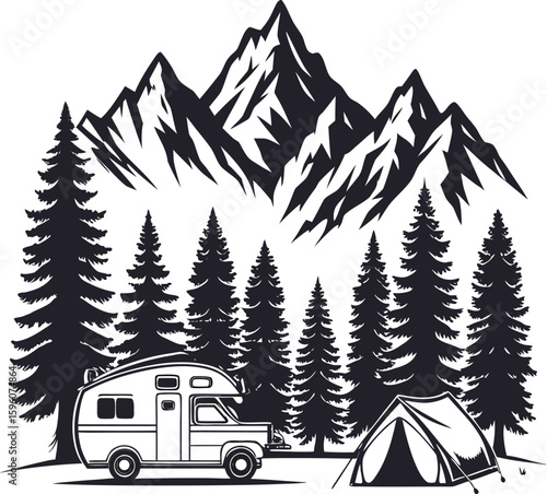Vector art of a black and white illustration of a campsite with mountains, pine trees, a tent, and an rv