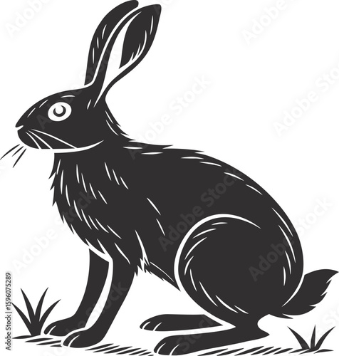 Vector art of a black and white illustration of a rabbit sitting in the grass