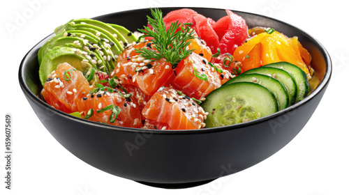 A Vibrant Poke Bowl: An appetizing poke bowl, artistically arranged with fresh salmon, ripe avocado, and a medley of other vibrant ingredients, presented in an inviting, close-up shot