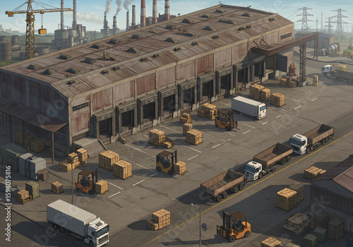 Industrial Warehouse Scene: Forklifts Trucks and Factory in Isometric Perspective.