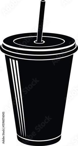 Vector art of a black and white illustration of a disposable cup with a straw and lid for a cold beverage