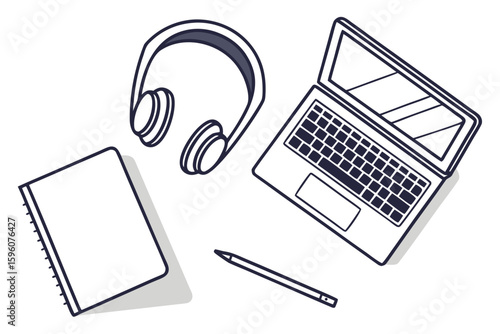 Side-Hustle Workspace Vector Set – Laptop, Notes, and Productivity Icons in Line Art & Silhouette Style
