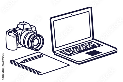 Side-Hustle Workspace Vector Set – Laptop, Notes, and Productivity Icons in Line Art & Silhouette Style