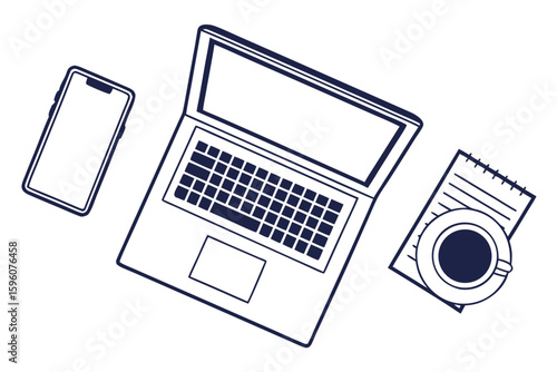 Side-Hustle Workspace Vector Set – Laptop, Notes, and Productivity Icons in Line Art & Silhouette Style