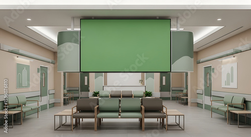 Modern Waiting Room Interior Design with comfortable seating, and large screen for advertisements and hospital information