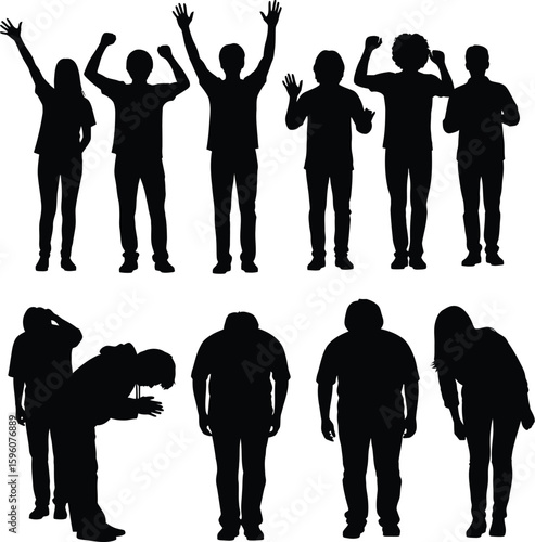 Silhouette group people celebration success failure crowd vector illustration
