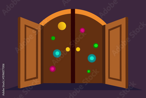 Wooden Open Doors with Surreal Colorful Bokeh Glow