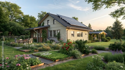 Family home with solar panels and lush green garden, sustainable lifestyle concept