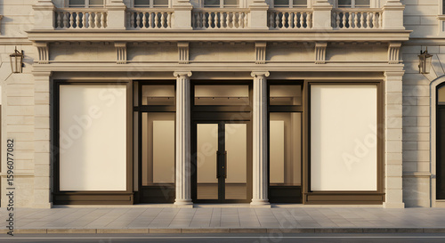 Luxury retail storefront mockup with elegant columns and large display windows ideal for showcasing your brand identity and attracting upscale clientele.